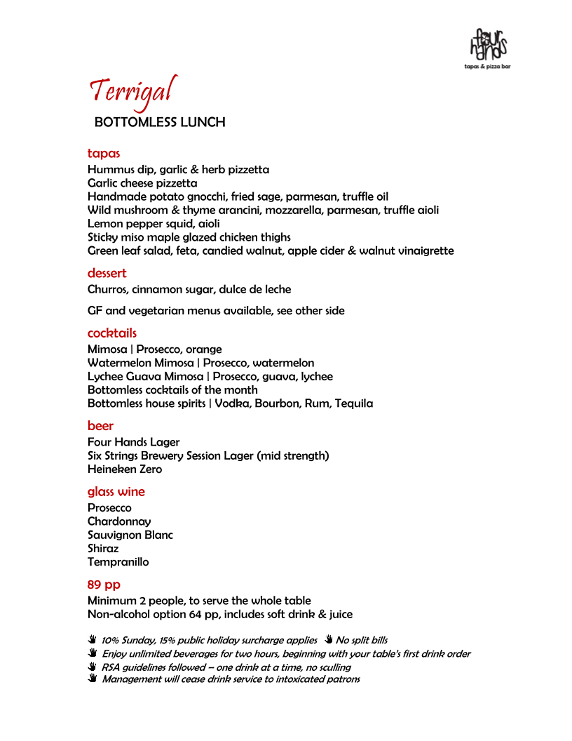 Menu, Four Hands Tapas & Pizza Restaurant