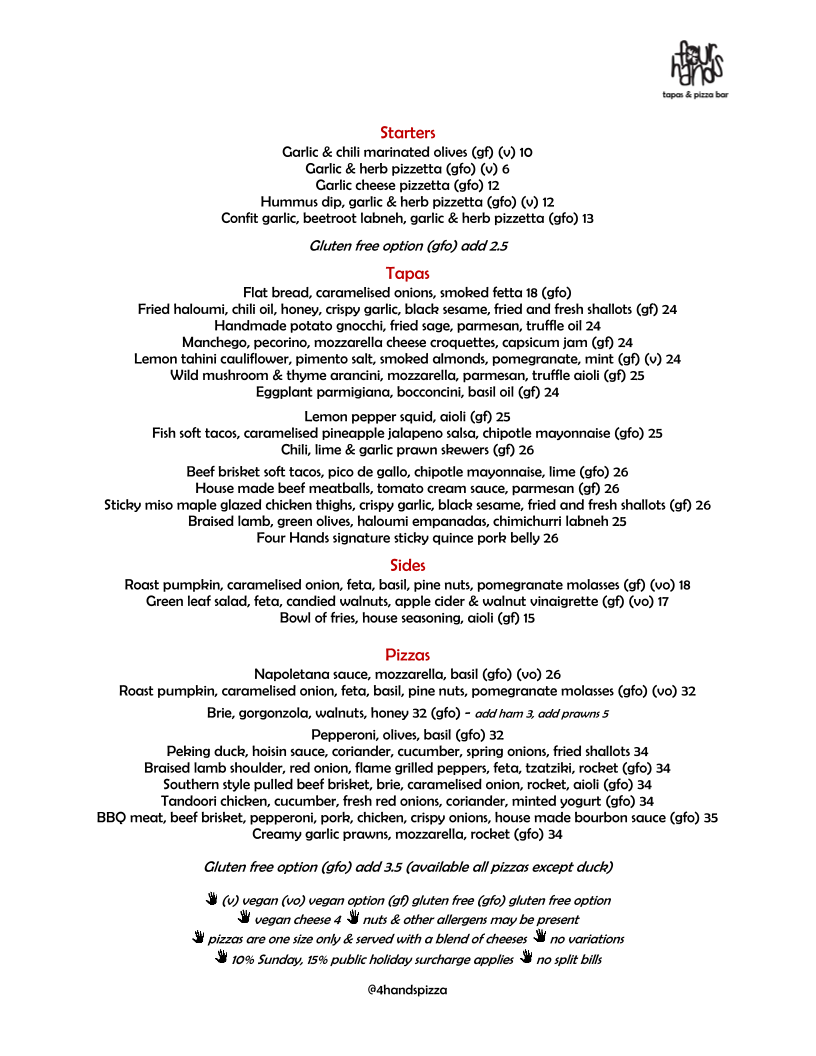 Menu, Four Hands Tapas & Pizza Restaurant