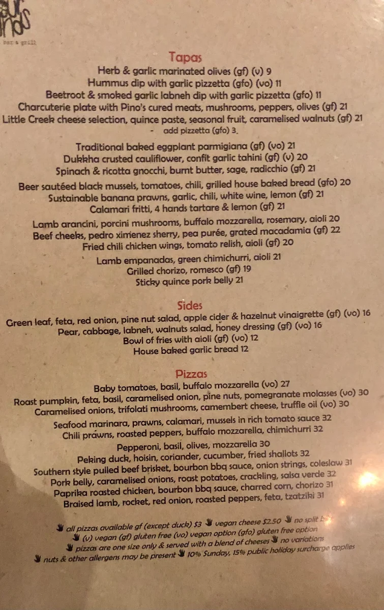 Menu, Four Hands Tapas & Pizza Restaurant
