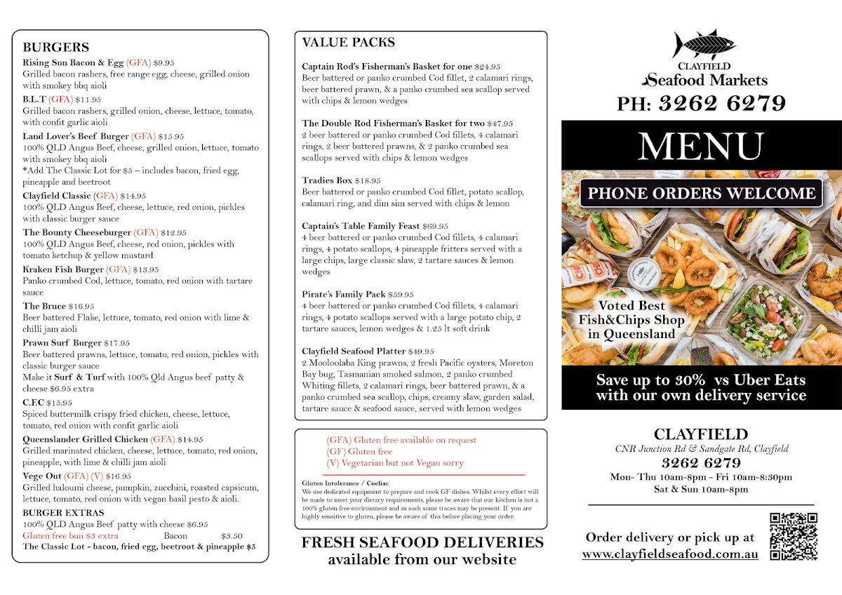 Menu, Clayfield Seafood Markets