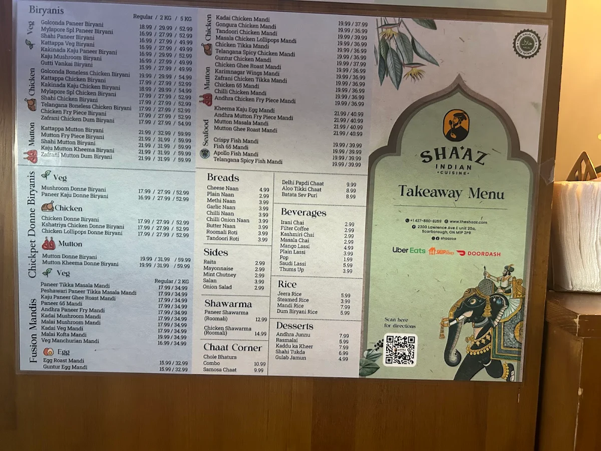 Menu, Shaaz | Indian Cuisine | Scarborough