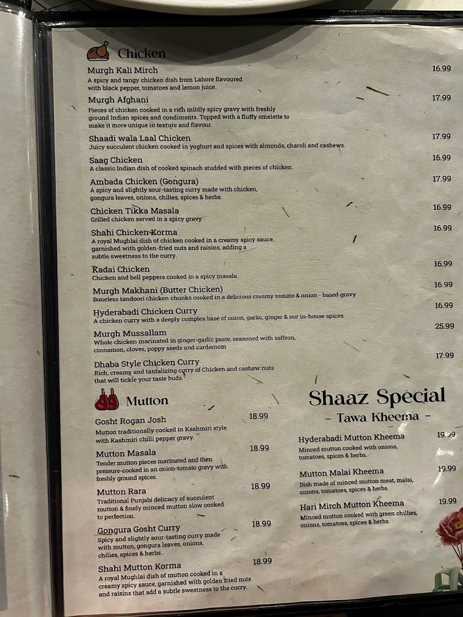 Menu, Shaaz | Indian Cuisine | Scarborough