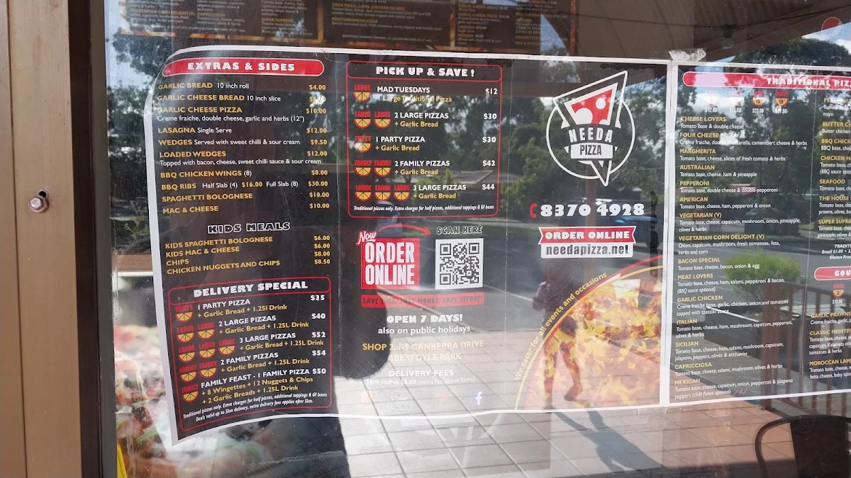 Menu, Needa Pizza