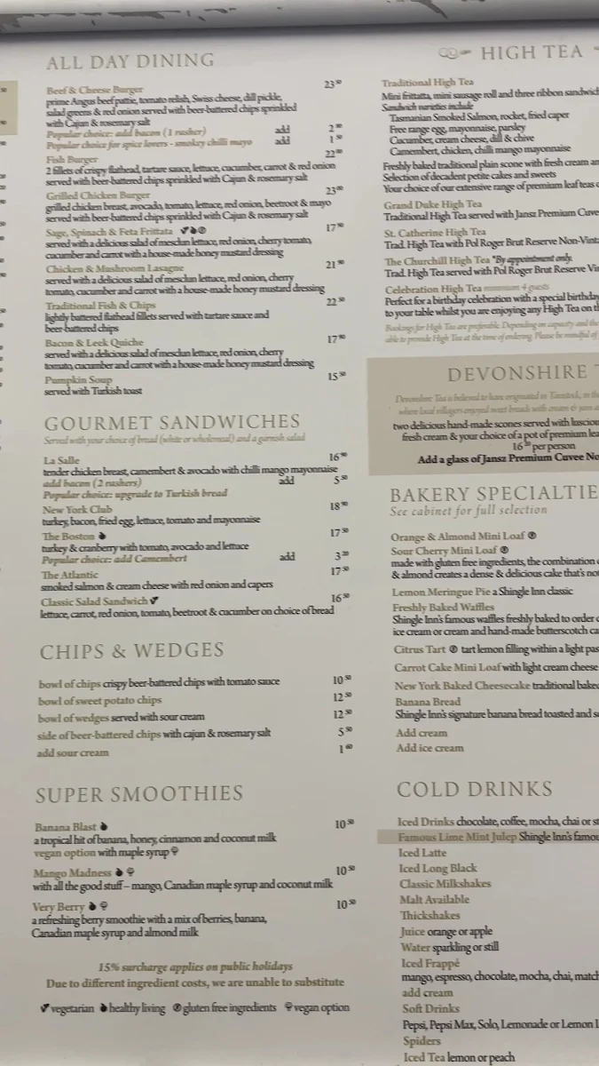 Menu, Shingle Inn City Hall