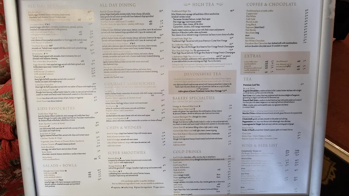 Menu, Shingle Inn City Hall
