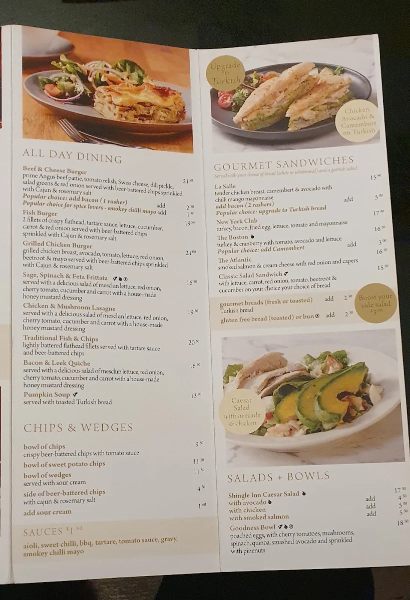 Menu, Shingle Inn City Hall