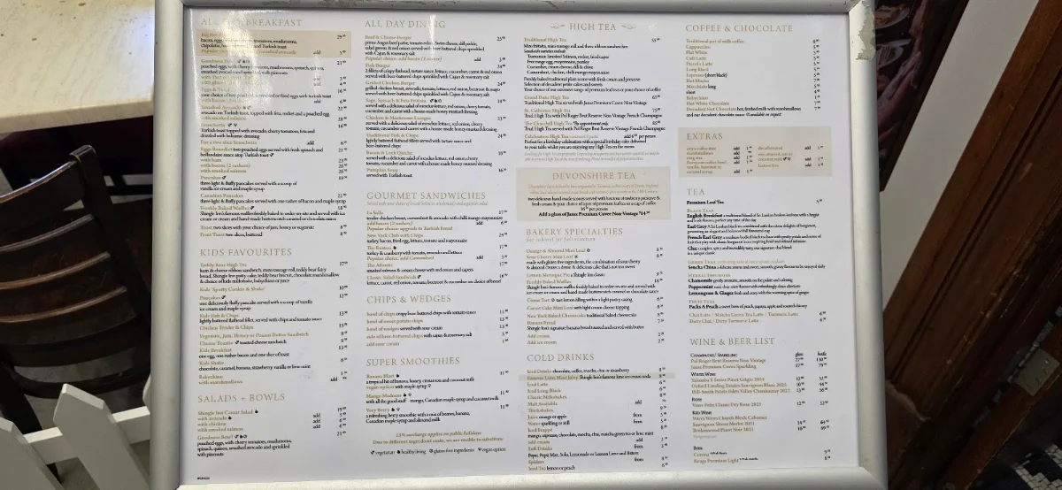 Menu, Shingle Inn City Hall