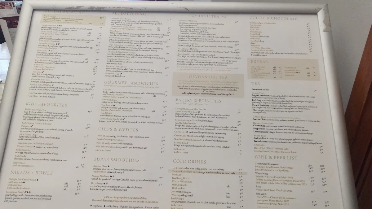 Menu, Shingle Inn City Hall