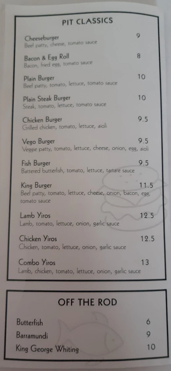 Menu, Cafe Beach Pit