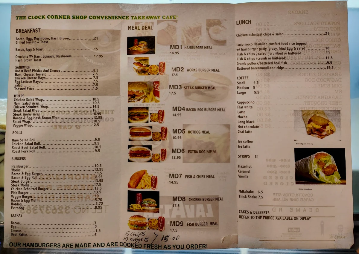 Menu, The Clock Corner Shop