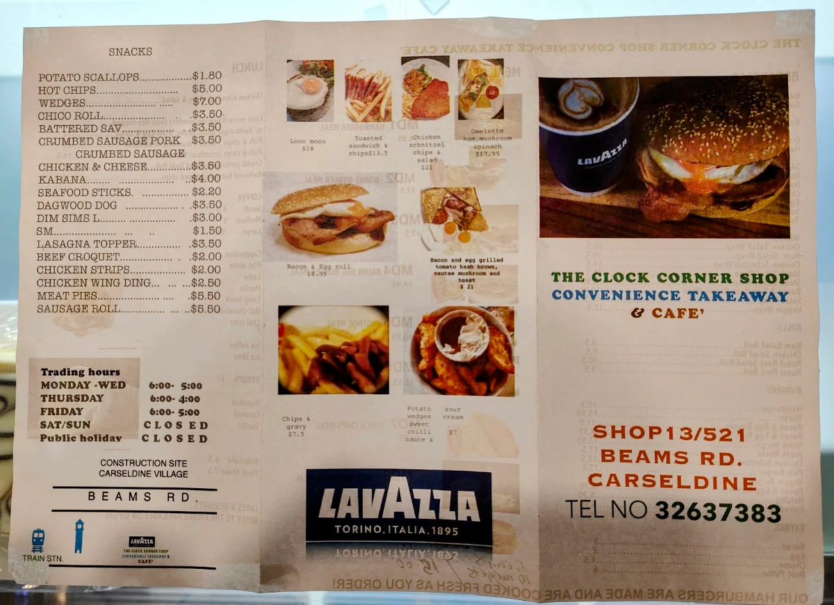 Menu, The Clock Corner Shop