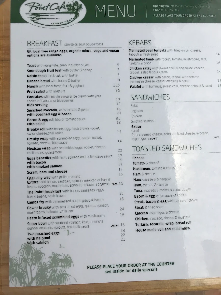 Menu, Lennox Point Cafe