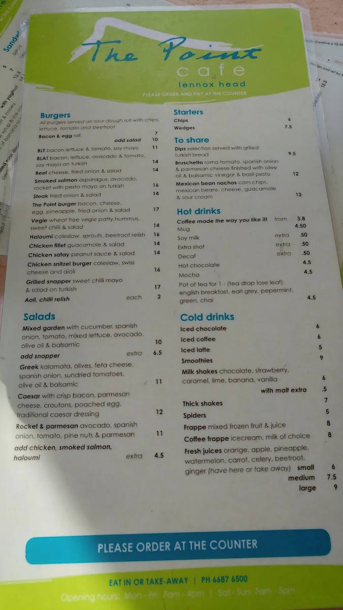 Menu, Lennox Point Cafe