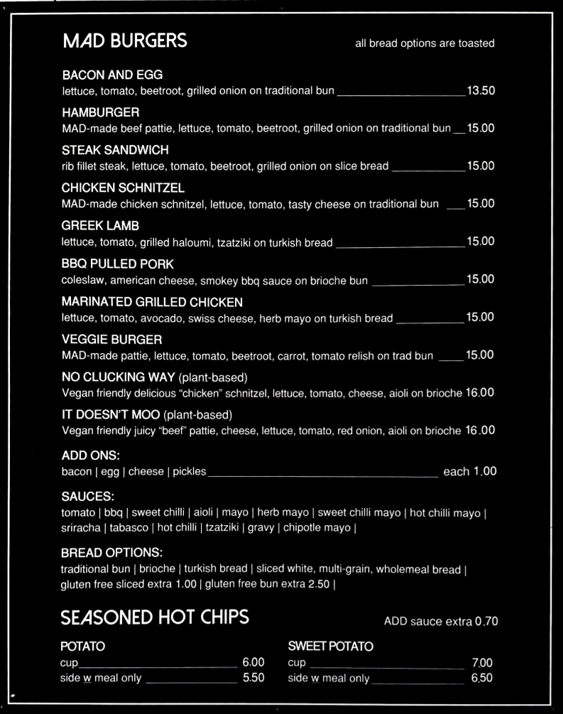 Menu, Mad Kitchen & Co