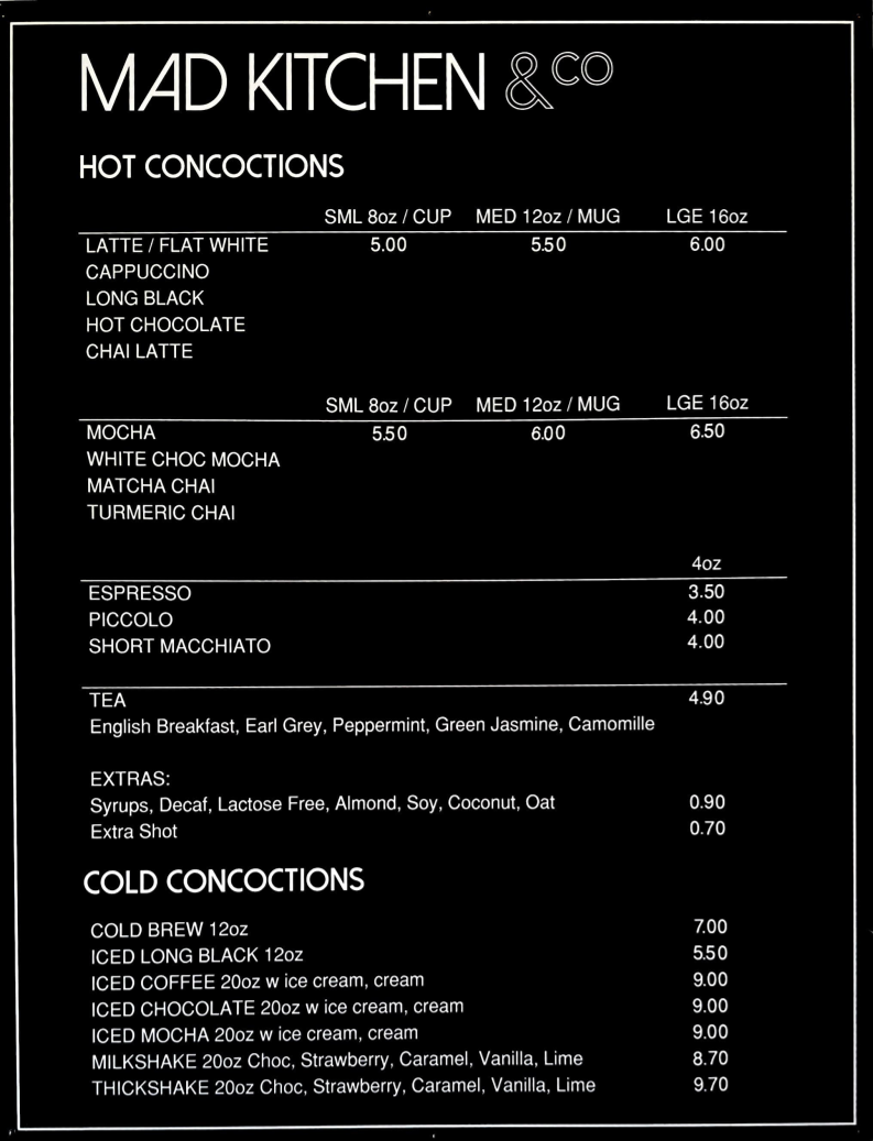 Menu, Mad Kitchen & Co