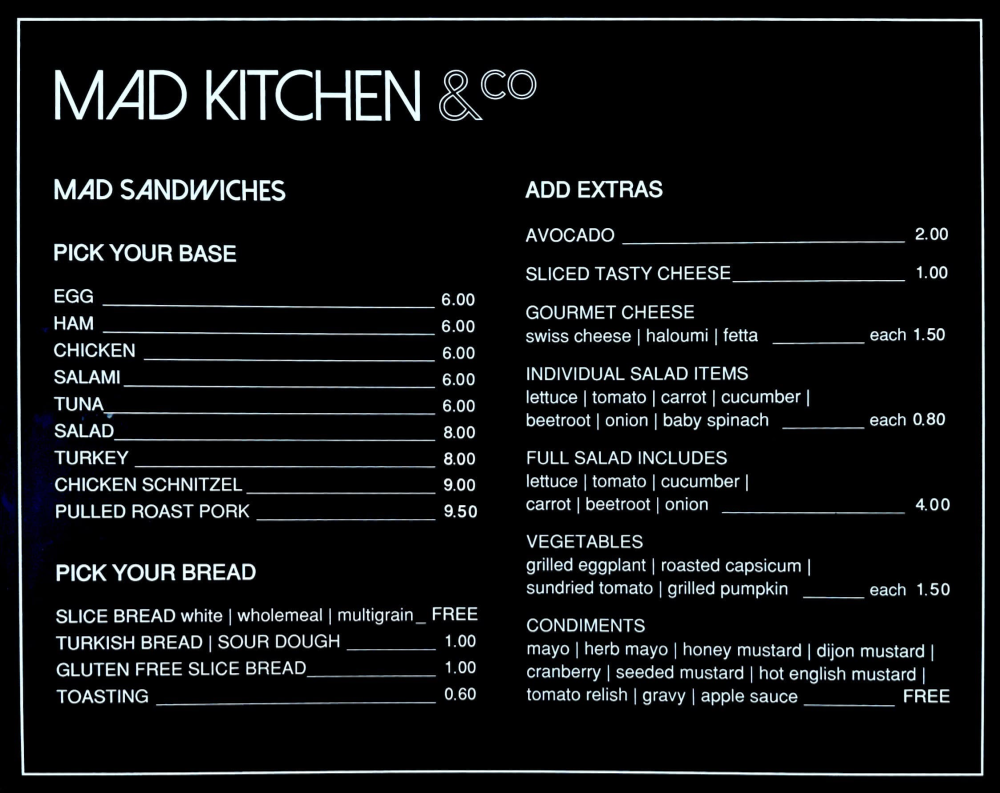 Menu, Mad Kitchen & Co