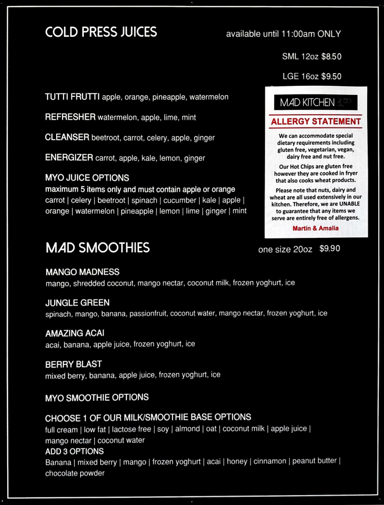 Menu, Mad Kitchen & Co