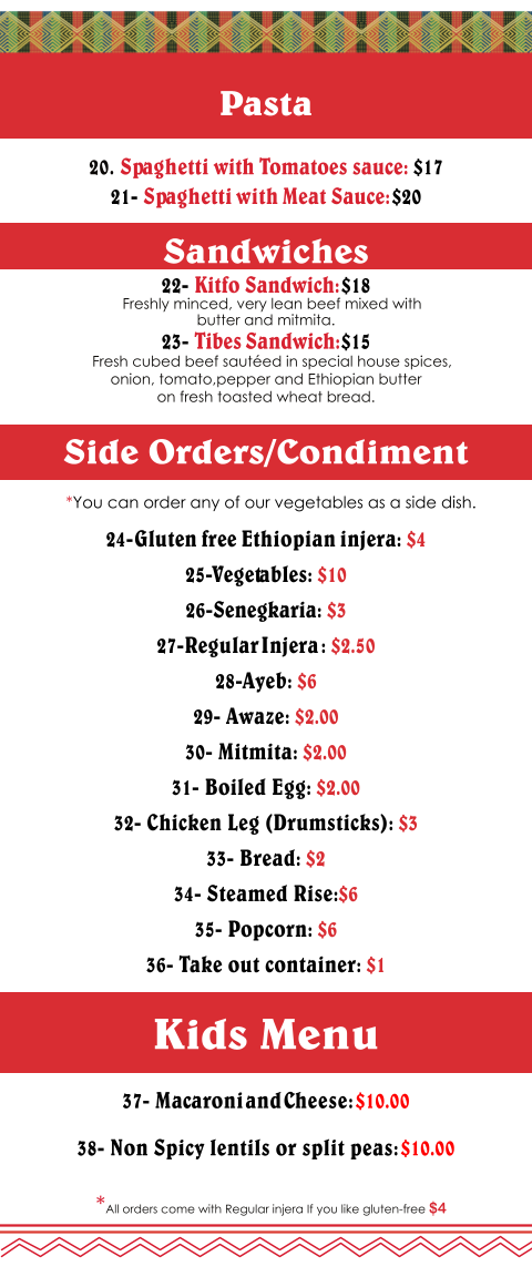 Menu, Rendez-Vous Ethiopian and Eritrean Restaurant