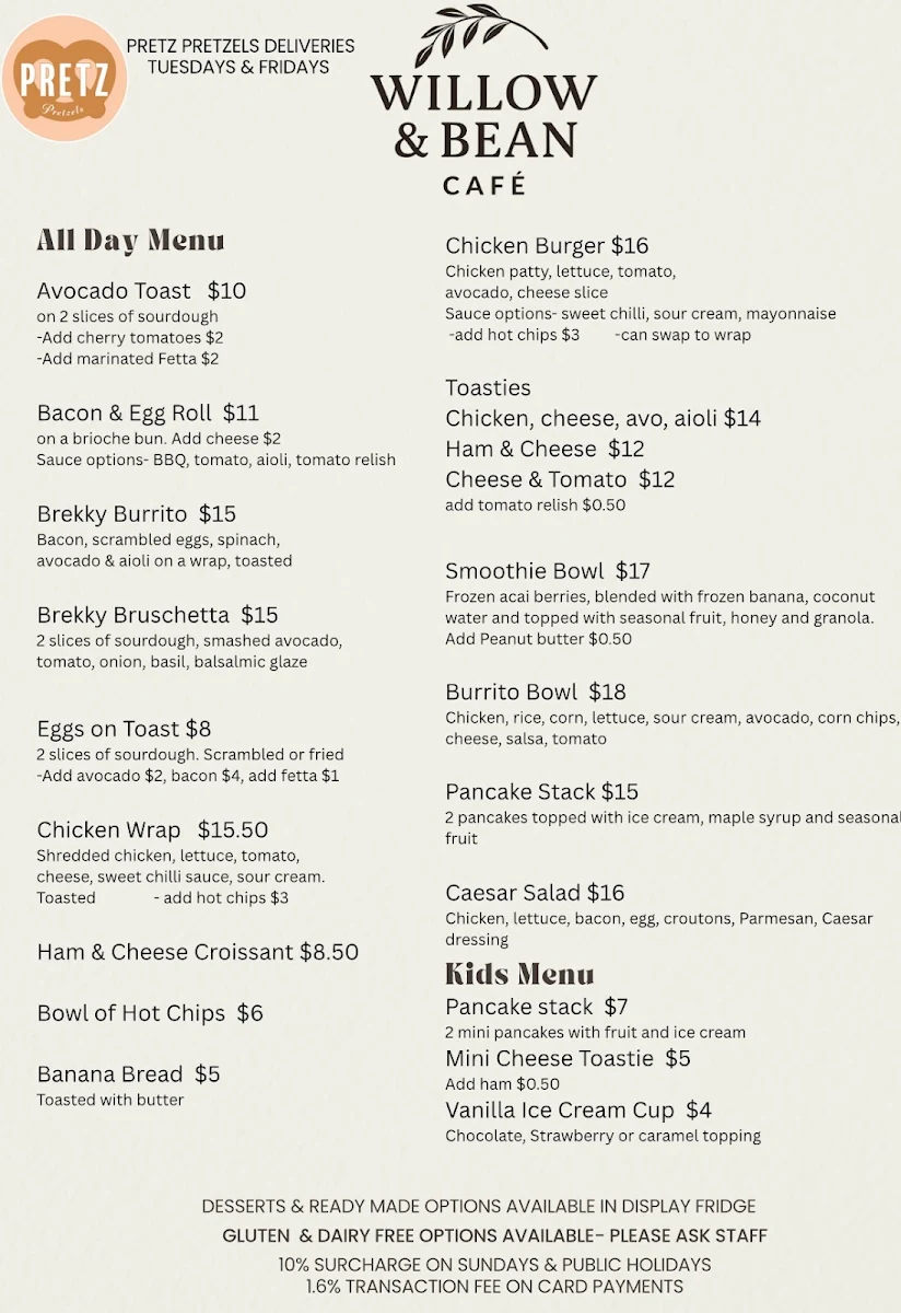 Menu, Willow & Bean Cafe