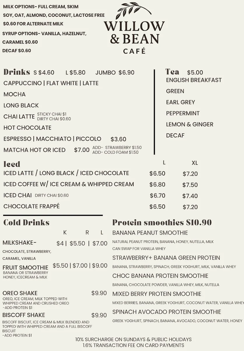 Menu, Willow & Bean Cafe