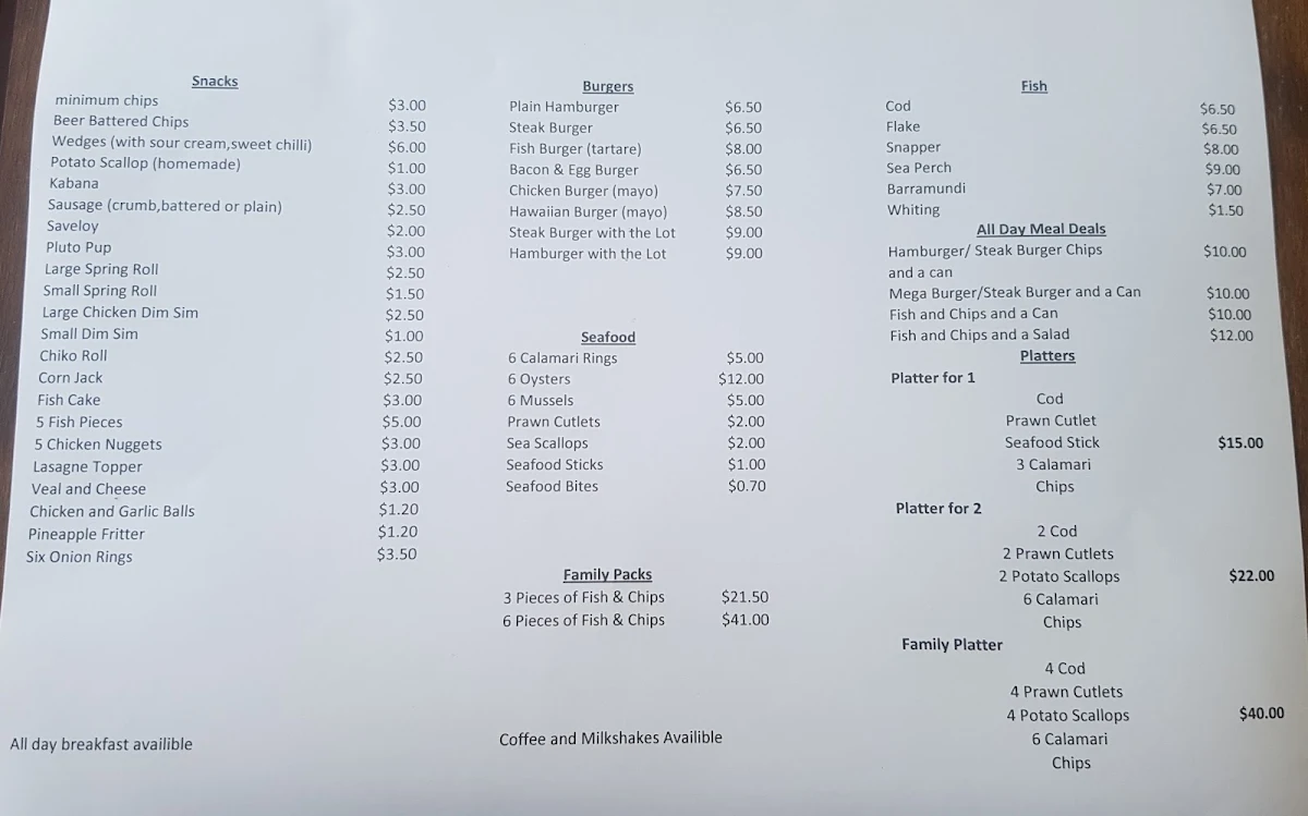 Menu, Snapper And Snacks