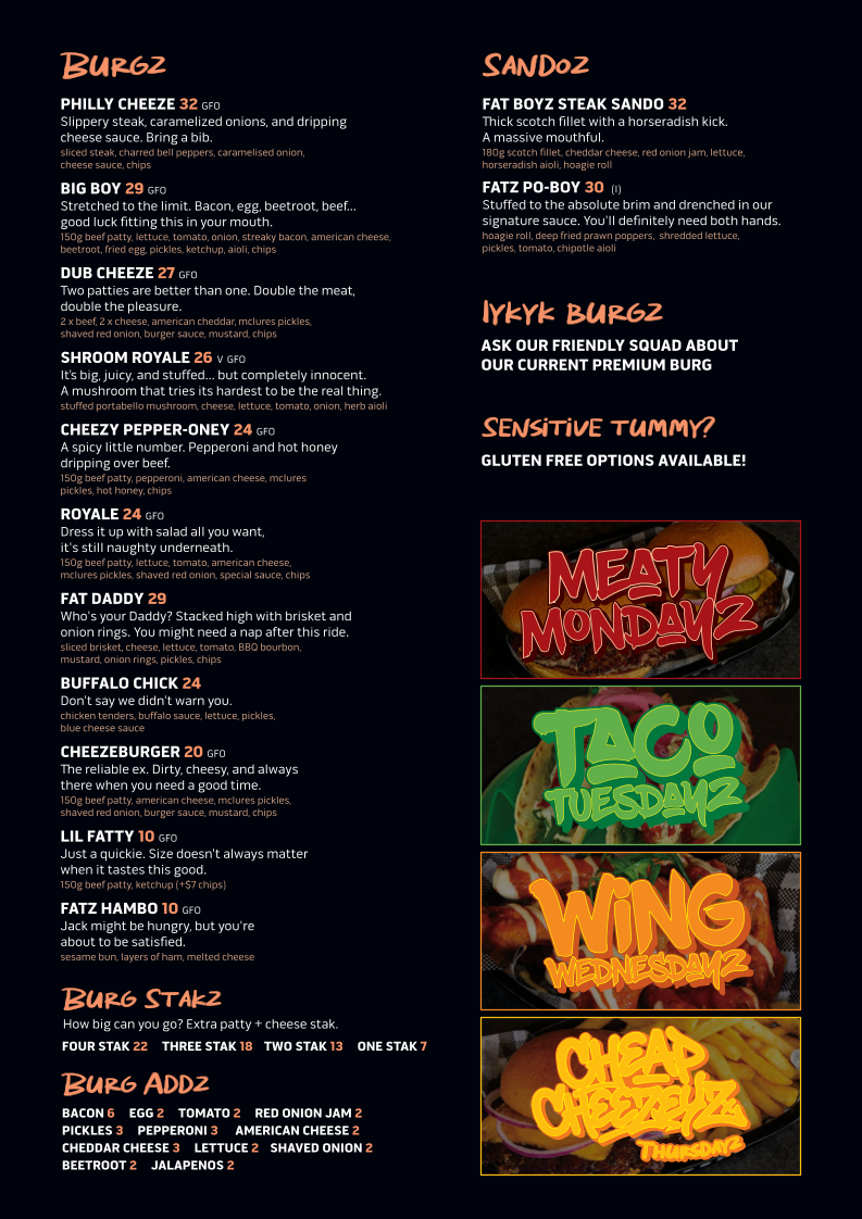 Menu, Fat Boyz Small Bar