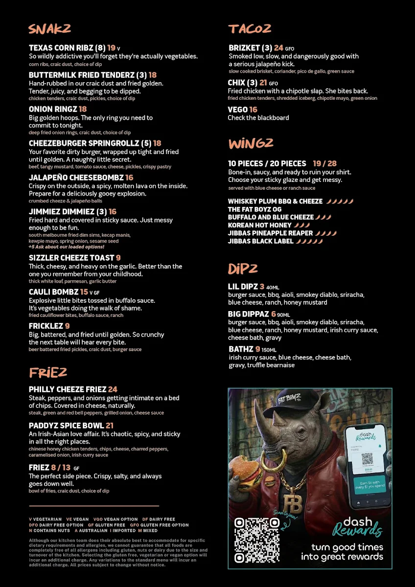 Menu, Fat Boyz Small Bar