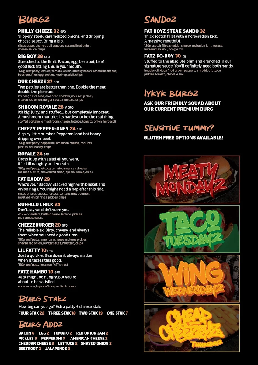 Menu, Fat Boyz Small Bar