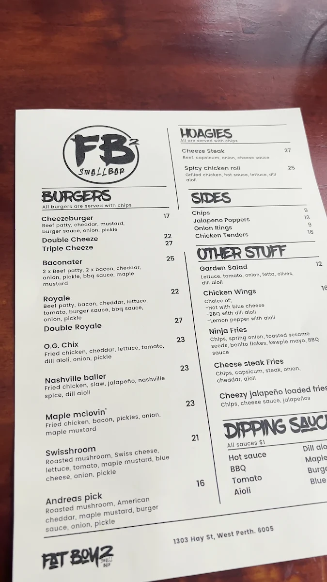 Menu, Fat Boyz Small Bar