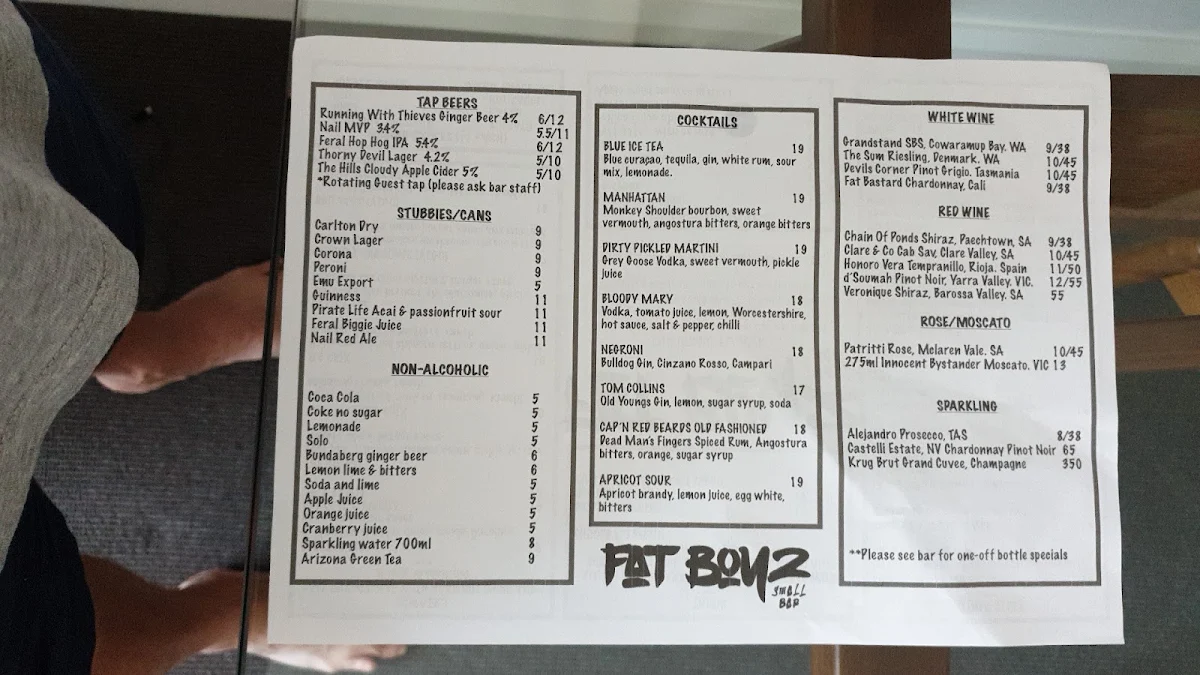 Menu, Fat Boyz Small Bar