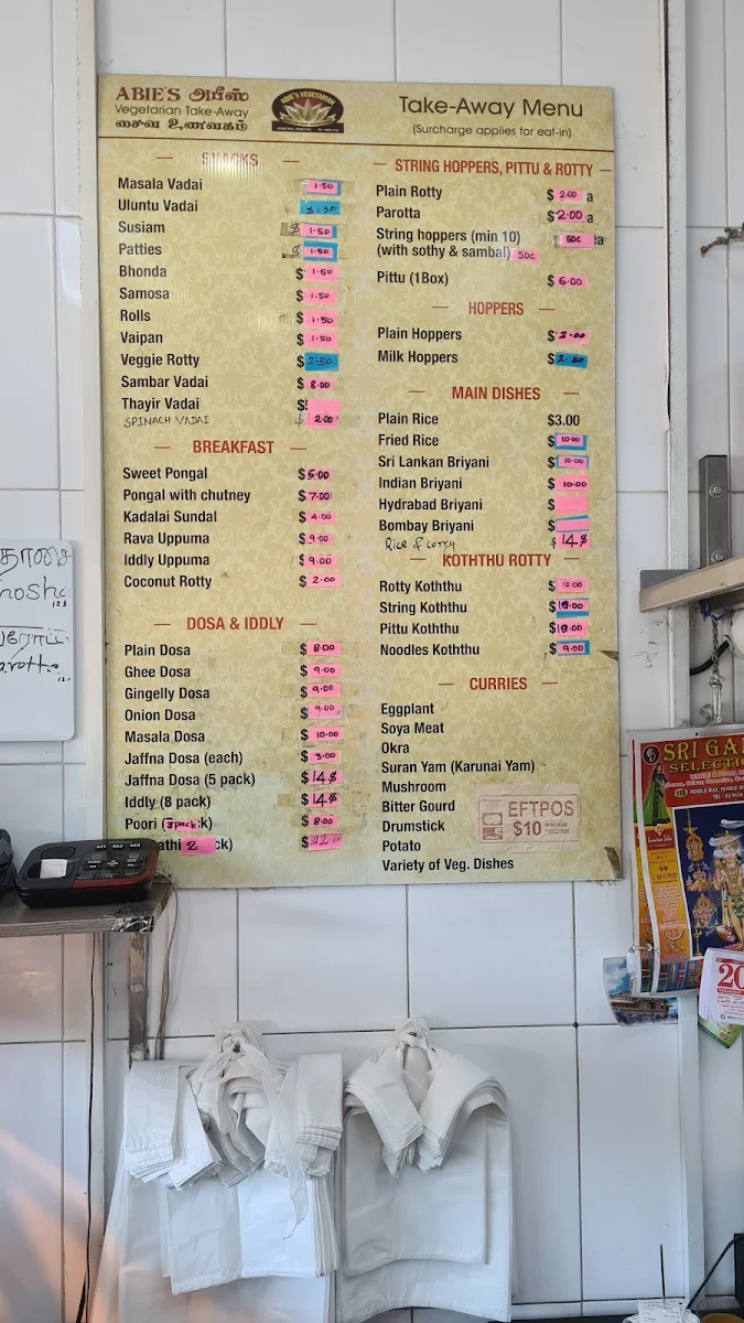 Menu, Abie's Take Away