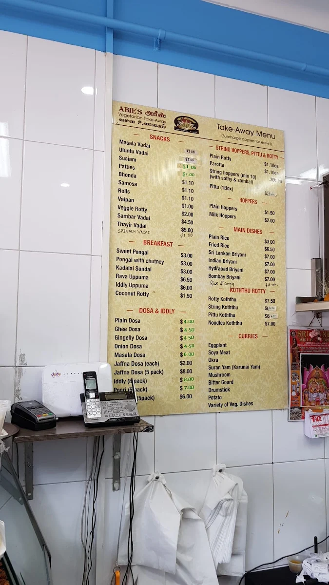 Menu, Abie's Take Away