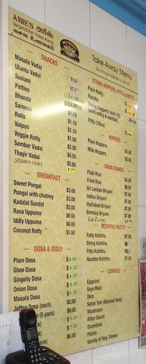 Menu, Abie's Take Away
