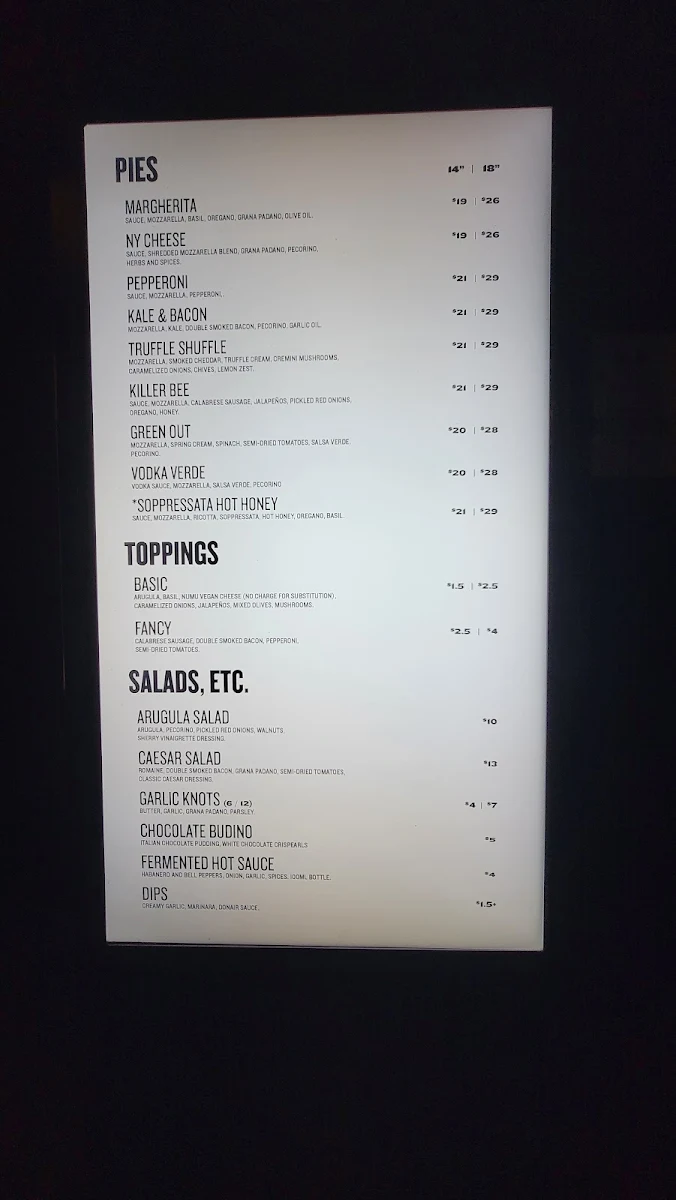Menu, North of Brooklyn Pizzeria