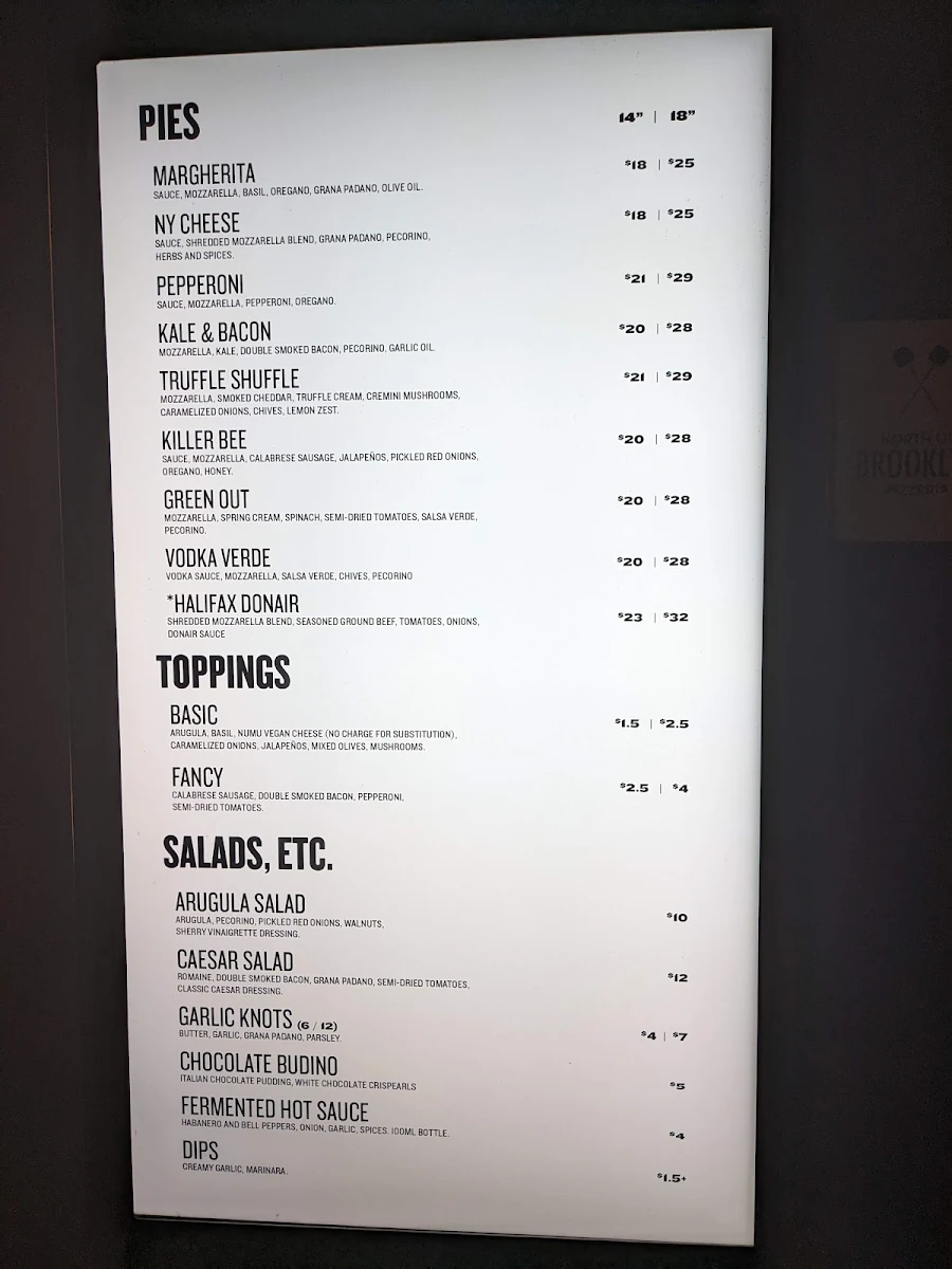 Menu, North of Brooklyn Pizzeria