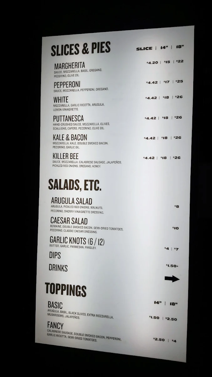 Menu, North of Brooklyn Pizzeria