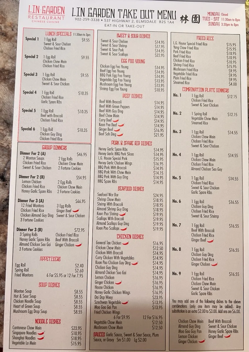 Menu, Lin Garden Restaurant