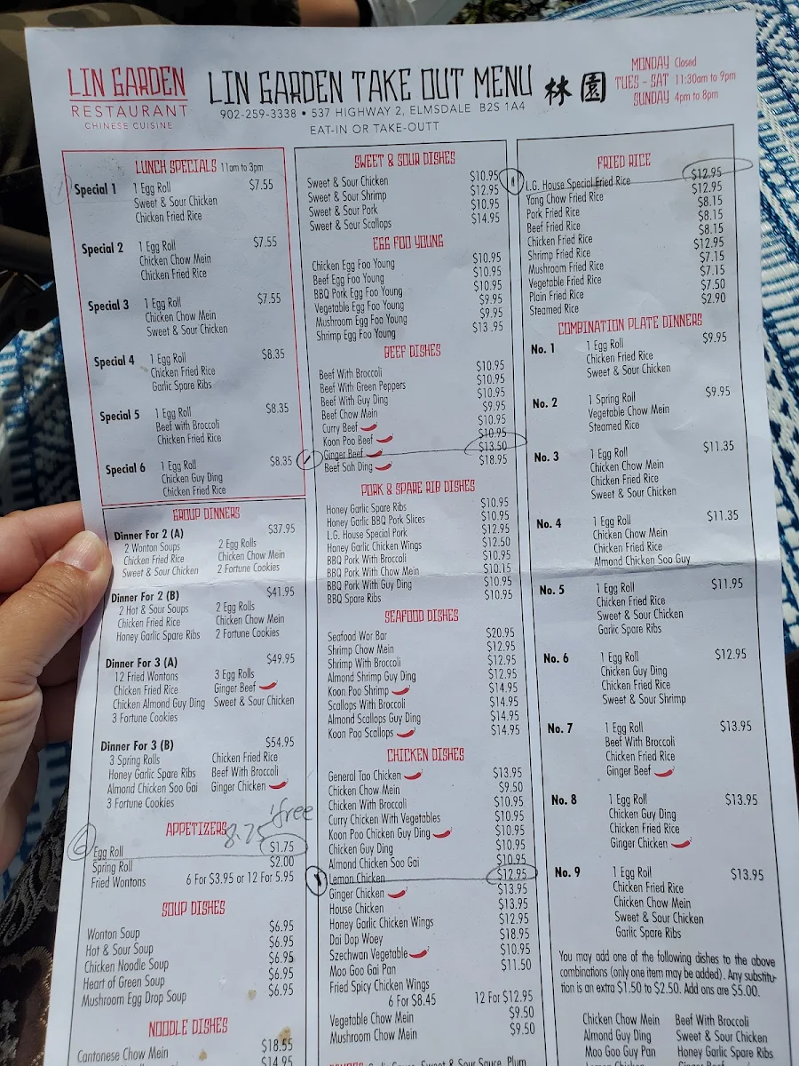 Menu, Lin Garden Restaurant