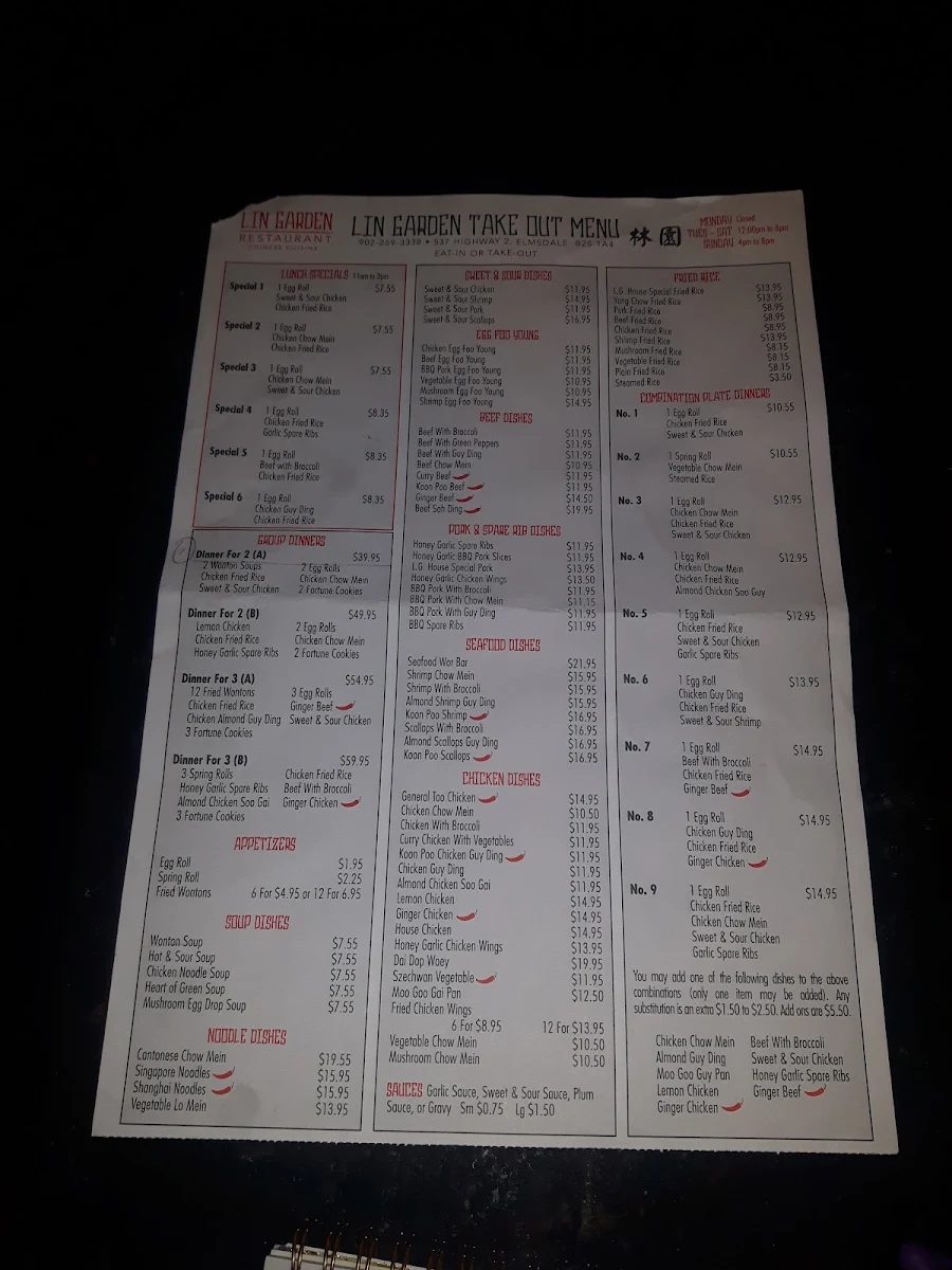 Menu, Lin Garden Restaurant