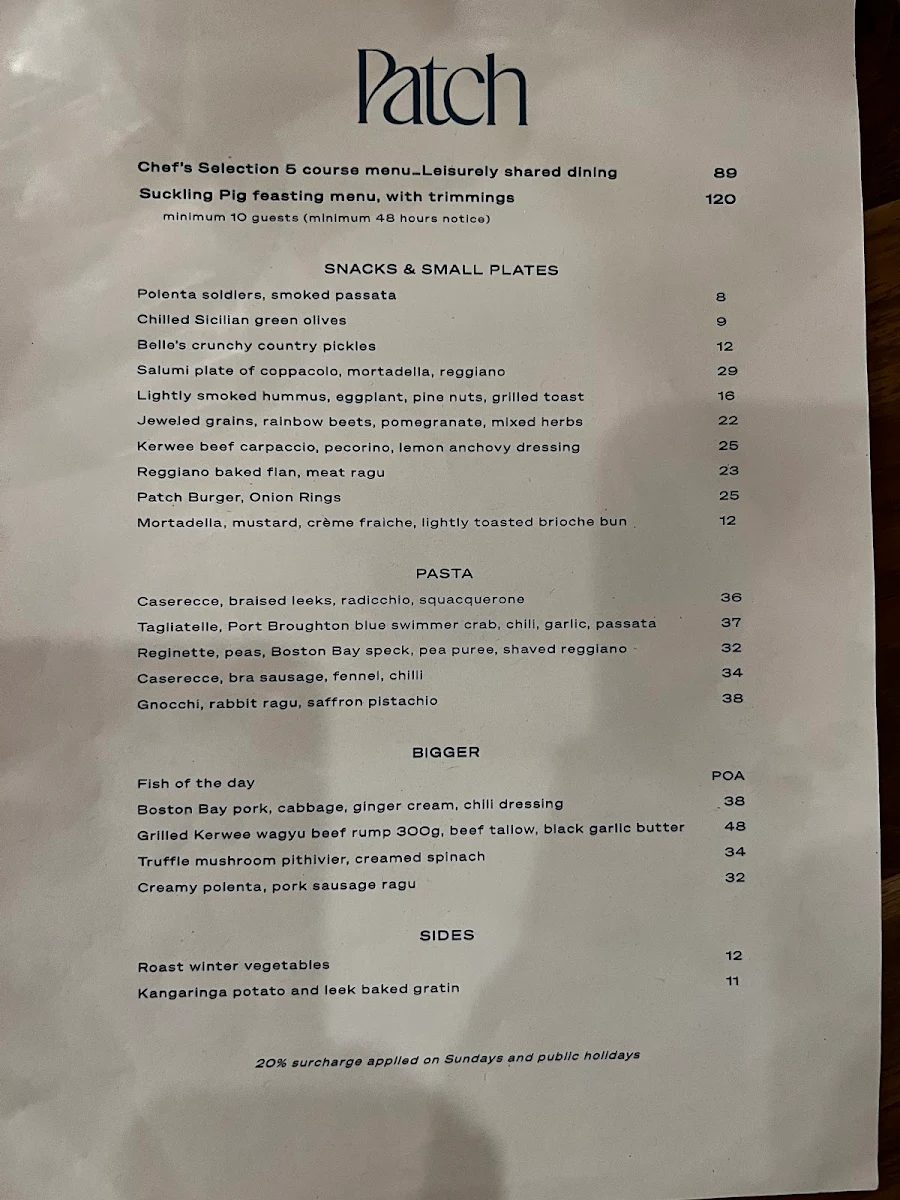 Menu, Patch Kitchen & Garden