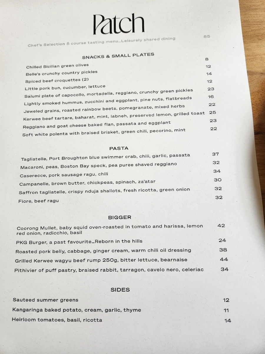 Menu, Patch Kitchen & Garden