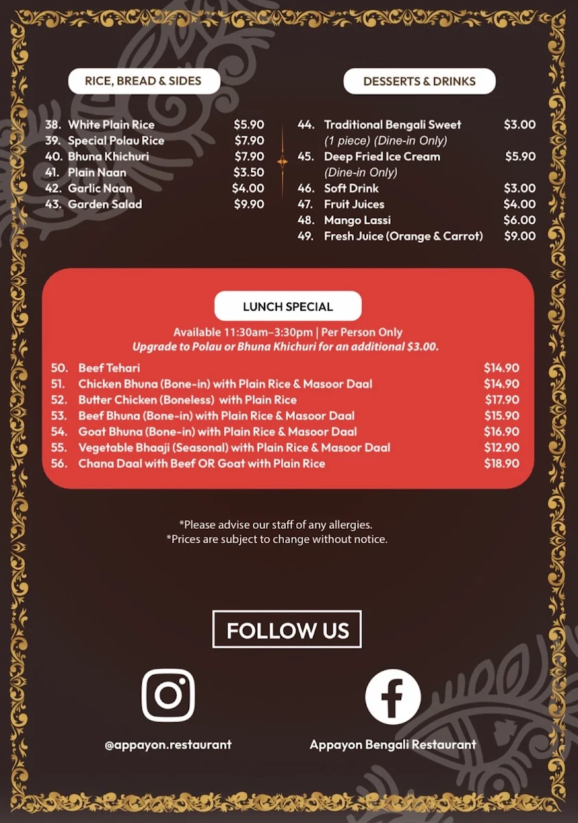 Menu, Appayon Bengali Restaurant