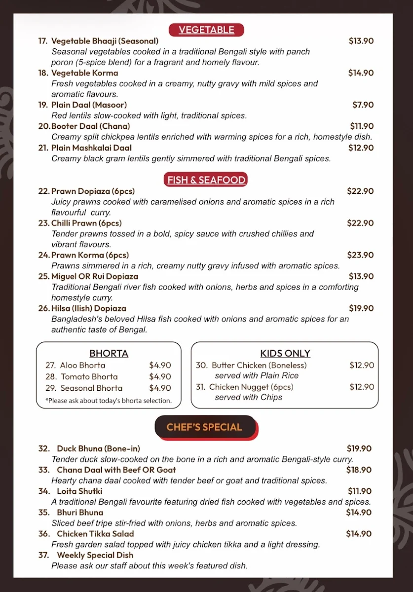 Menu, Appayon Bengali Restaurant