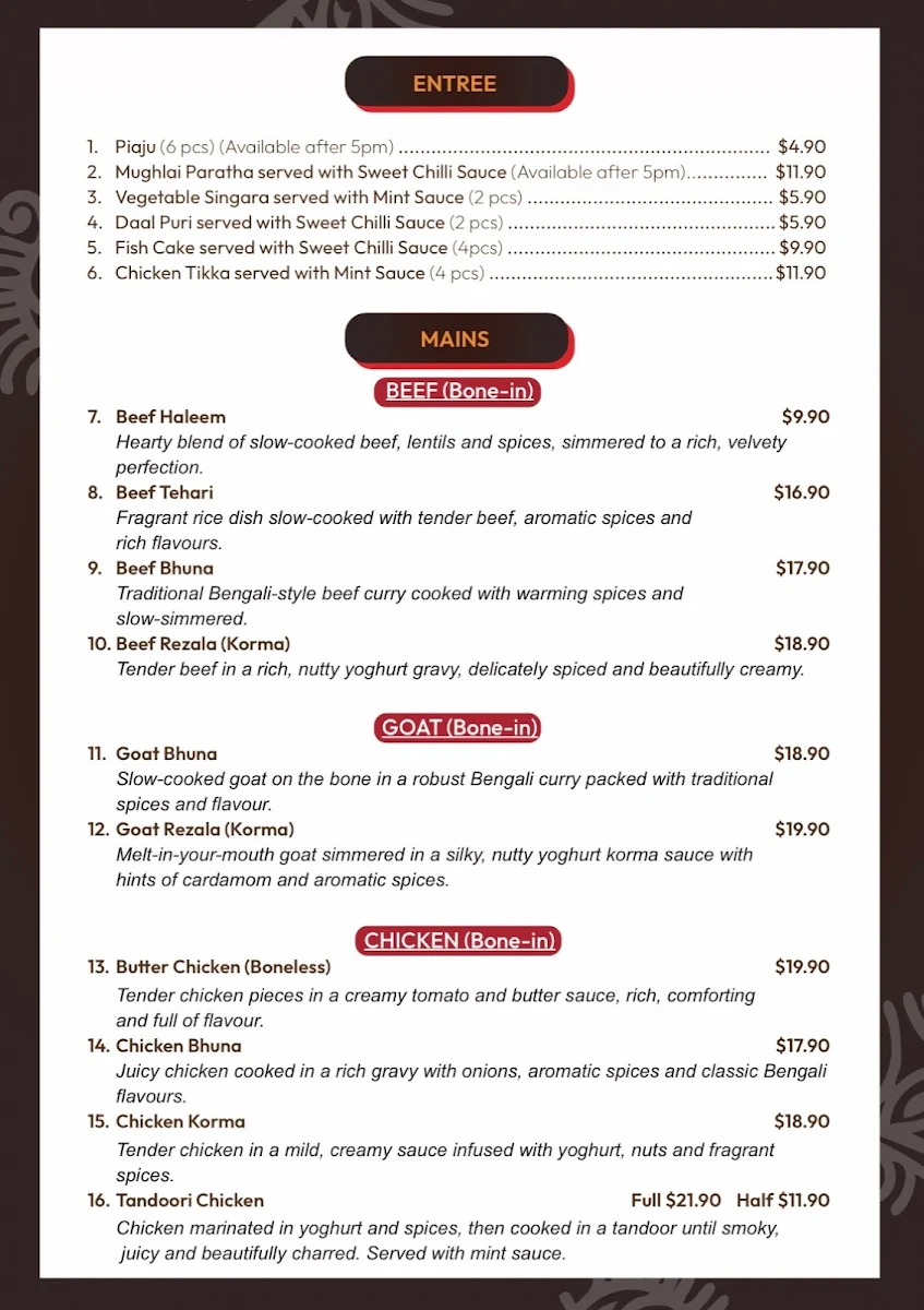 Menu, Appayon Bengali Restaurant