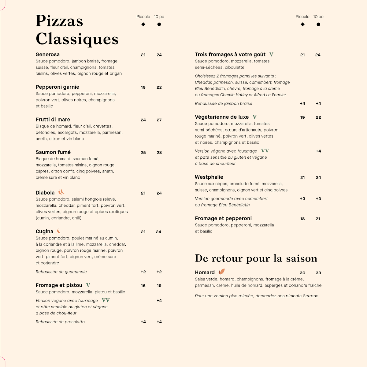 Menu, La Piazzetta Repentigny