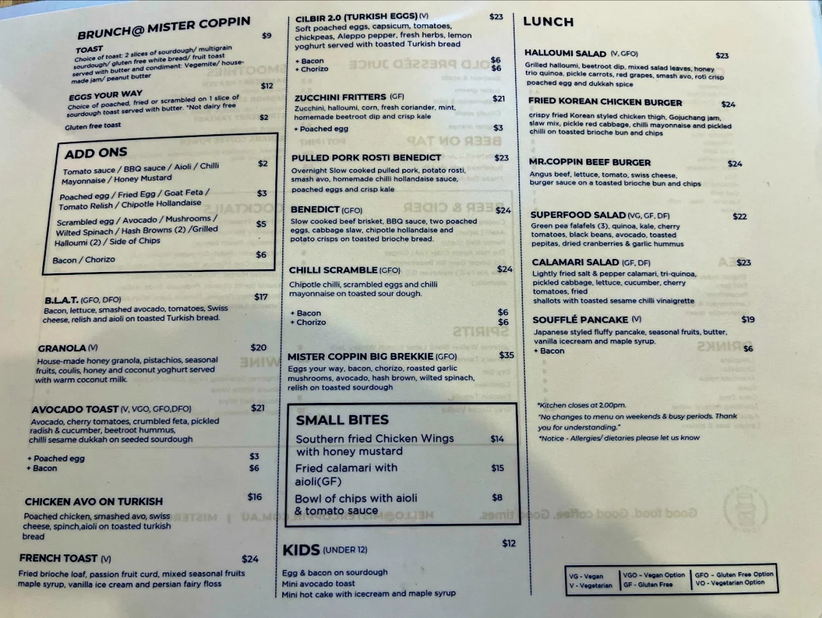 Menu, Mister Coppin