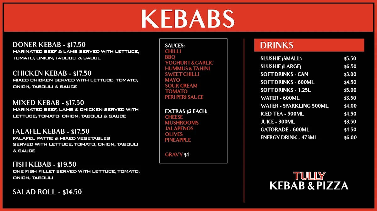 Menu, Tully KEBAB & PIZZA