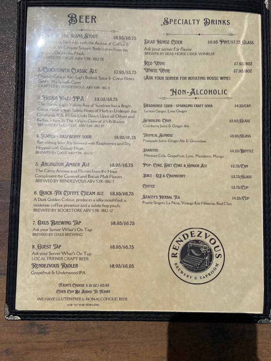 Menu, Rendezvous Eatery and Taproom