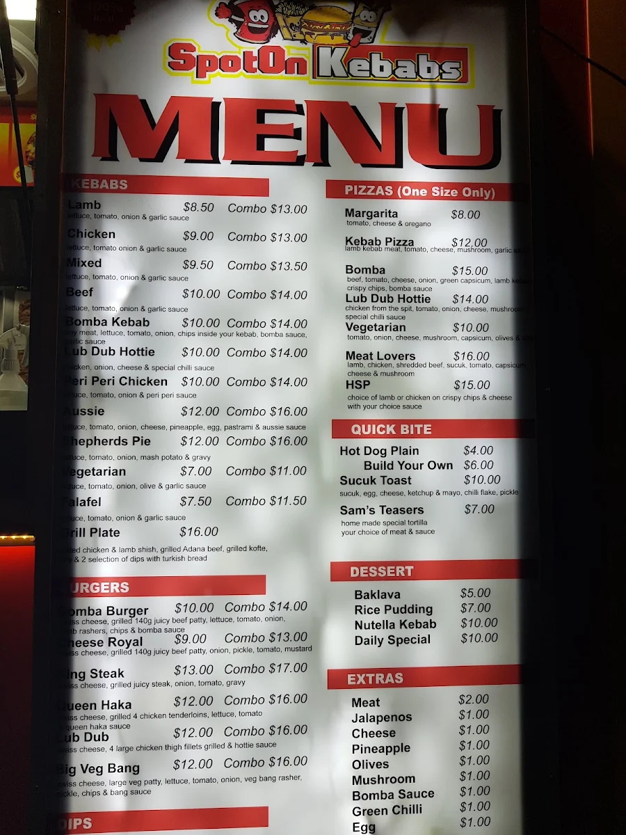 Menu, Spot On Kebabs