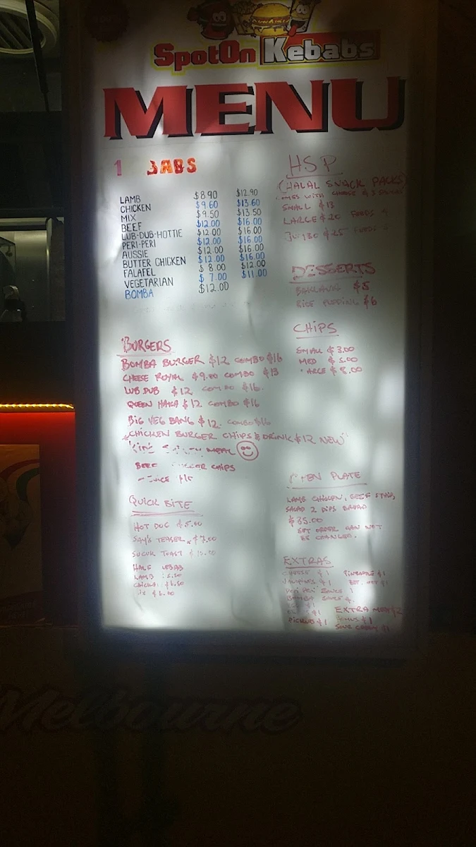 Menu, Spot On Kebabs